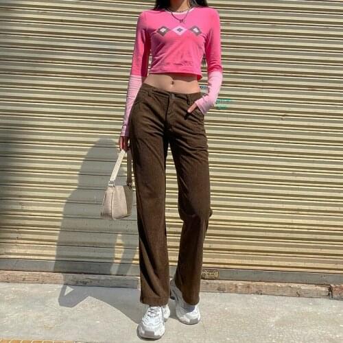 2021 New Street corduroy straight pants jogging womens casual retro Brown sports pants 90s Caramel low waist girls' pants