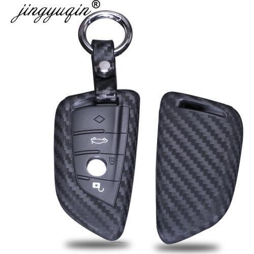 Jingyuqin New Carbon Silicone Car Key Cover wallet for BMW X5 X6 F16 F15 5 Series 2014- Smart Remote Car keychain Fob Full Case