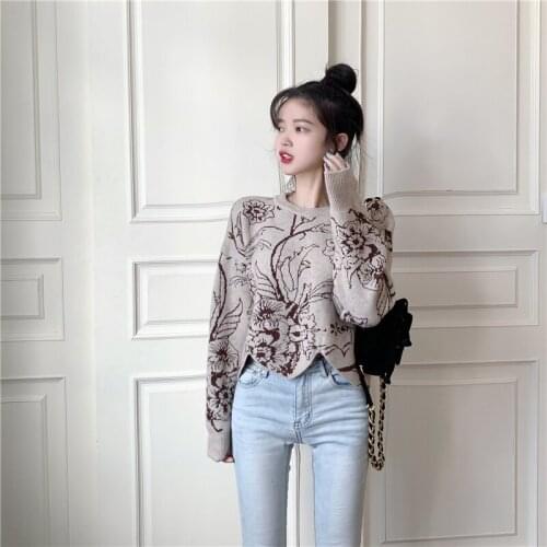 Autumn new loose design sense irregular jacquard round neck pullover long sleeve knitted sweater