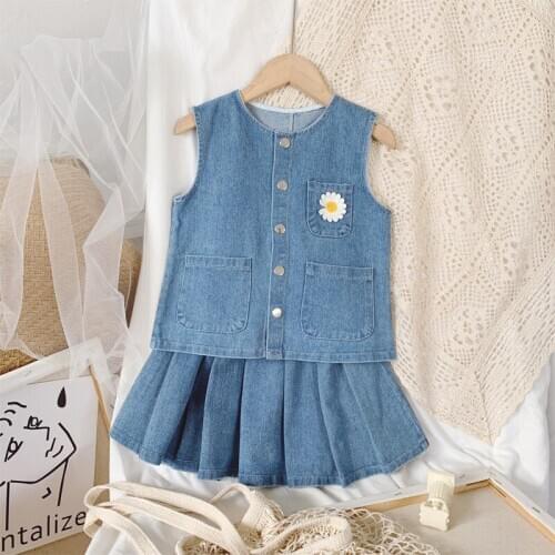Jargazol Fall Toddler Girls Outfits Flower Embroidery Denim Vest&skirt Fashion Korean Little Children Clothing Set Cute Clothes
