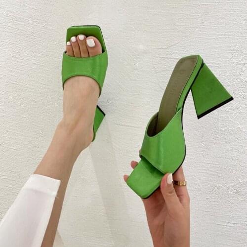 Green Heels Slippers Summer Square Toe Ladies Shoes And Sandals Fashion Triangle Block Heel Sandal Orange Heels Vrouw slippers