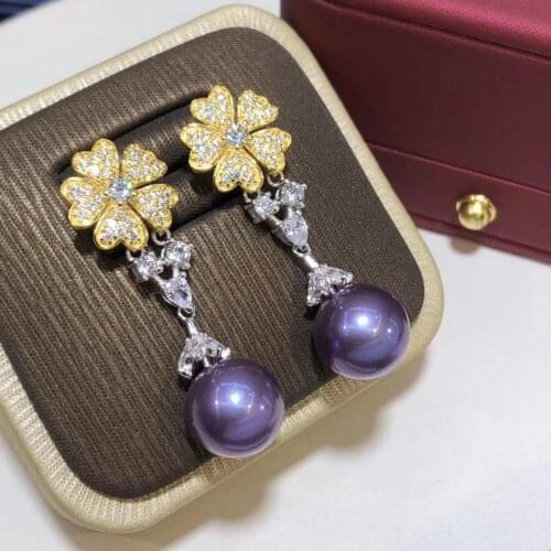 D512 Pearl Earrings Fine Jewelry 925 Sterling Silver Round 9-10mm Nature Fresh Water Purple Pearls Drop Dangle Earrings