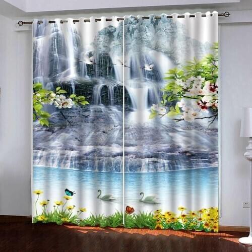 Custom curtains Waterfall flowing water landscape flowers swan Blackout 3D Window Curtains For Living Room Bedroom
