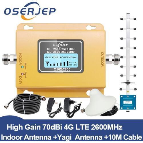Gain 70dB Phone Signal Repeater 4G LTE 2600mhz (LTE Band 7) Mobile Signal Booster full set with YAGI antenna /Ceiling Antenna