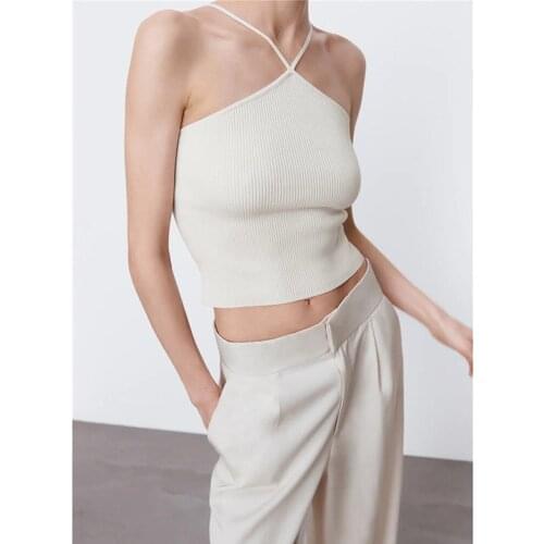 Women 2021 Sexy Fashion Hollow Out Cropped Knit Tank Tops Vintage Backless Thin Straps Female Camis Mujer