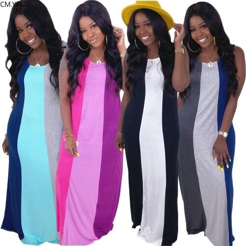 CM.YAYA women colors patchwork sleeveless o-neck slim long dress fashion classic beach streetwear maxi dresses