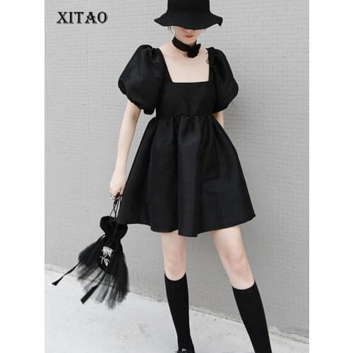 XITAO Black High Waist Sense of Design Square Collar Puff Sleeve Casual Hollow Out Sexy 2020 Summer New Women Dress DMY4440