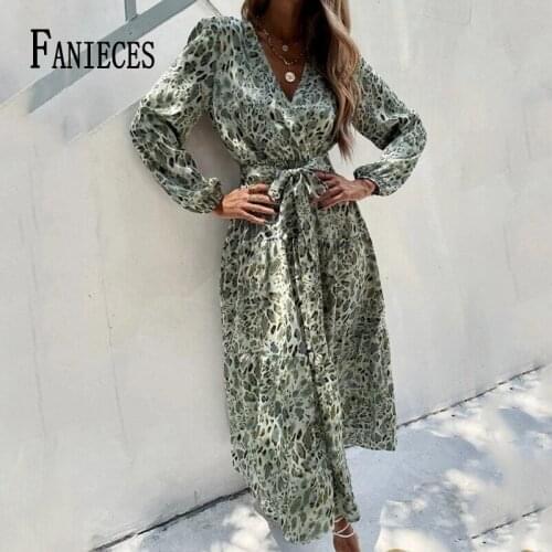 FANIECES Bohemia Printed Chiffon Maxi Dress For Women Long Sleeve Sexy V Neck Belted A-line Holiday Beach Dresses Robe Femme