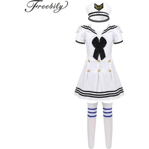 3Pcs Kids Girls Cosplay Sailor Uniforms Short Sleeve Dress + Hat Socks Childrens Day School Performance Dance Costume Outfit
