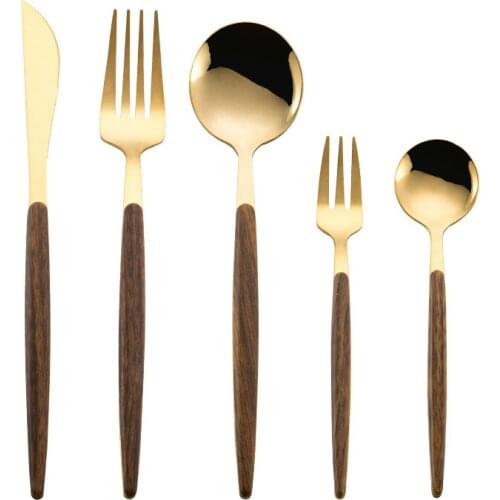 5PCS Stainless Steel Dinnerware Set Dessert Cake Forks Break Knife Coffee Tea Spoon Gold Cutlery Set Wood Kitchen Tableware Tool