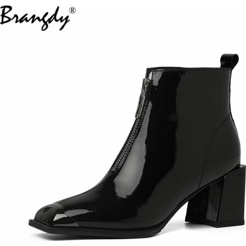 Brangdy Fashion Women Boots Genuine Leather Women Ankle Boots Square Heel Winter Shoes With Fur Square Toe Zipper Size 34-39