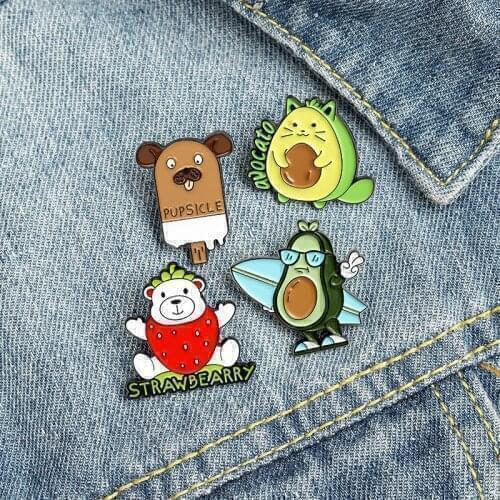 Dog popsicle Avocado Cat Bearberry Fruit Enamel Pin Brooches Bag Lapel Pin Cartoon Badge Jewelry Gift for Kids Friends