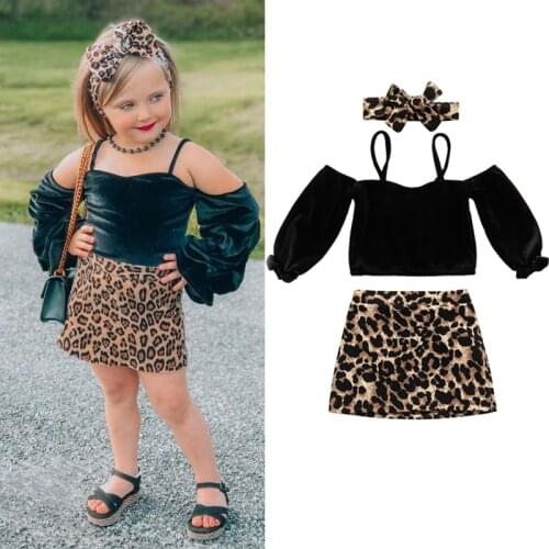 FOCUSNORM Autumn Fashion Kids Girls 3pcs Clothes Sets 1-6Y Corduroy Long Sleeve Off Shoulder Tops Leopard Mini Skirts Headband