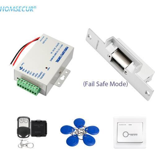 HOMSECUR 5Pcs RFID Keyfob +Power Supply+ Remote Controller+Exit button+NC Strike Lock