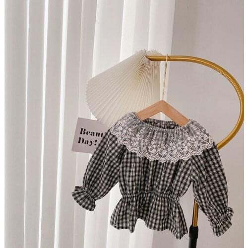 Girls Plaid Shirt Autumn Lace Long Sleeve Top Draw Back Childrens Baby Blouses Korean Kids Clothing