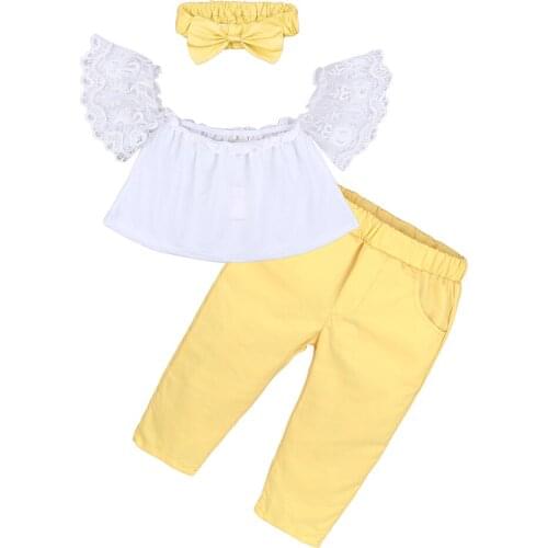 Toddler Summer 3pcs Fashion Clothes For Baby Girls Off Shoulder Short Sleeve Top + Long Pants + Headwear Casual Outwear Set