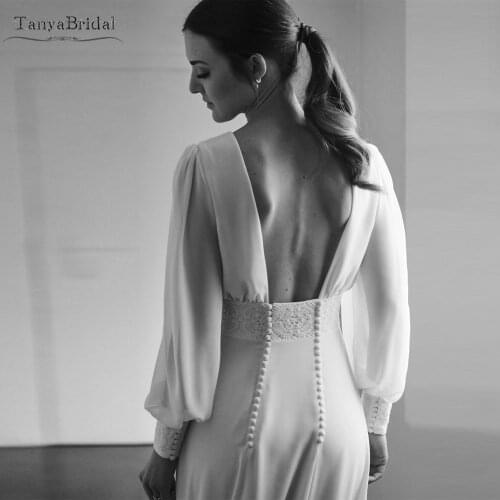 Manga larga Borde de encaje A Line vestidos de novia moda elegante sin respaldo Wedding Dress Magic Robe de soriee DW390