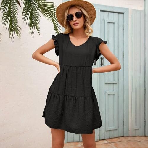 Fashionable Short Sleeve Womens Dress 2021 Summer New Casual Solid Color Loose V-neck Fungus Sleeve Vintage Dress Robe Femme