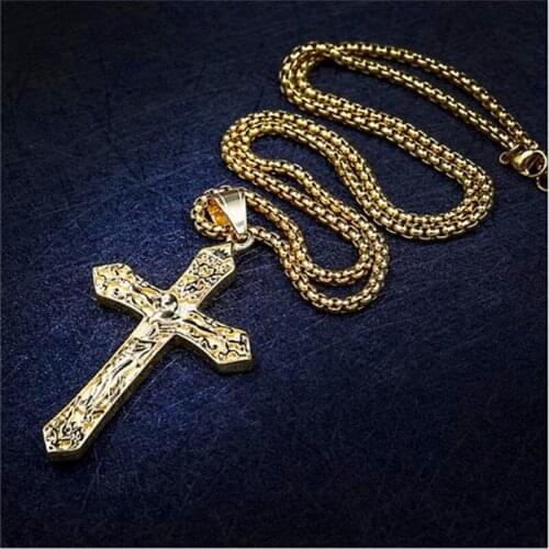 Male Vintage Jewelry 316L Stainless Steel Chain 60cm + Alloy Cross Pendant Wholesale Hip-Hop Gold Cross Necklace Pendant For Men