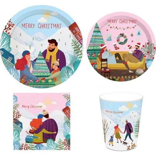 44pcs Merry Christmas Party Paper Plates Cups for 8 People Set Napkins Tableware New Year Party Decor Birthday Supplies