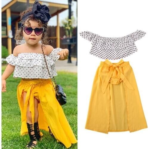 1-6T Girls 3pcs Clothes Set Polka Dots Off Shoulder Crop Tops Tutu Ruffle Shorts Dress Girls Pageant Set Kids Summer Outfits