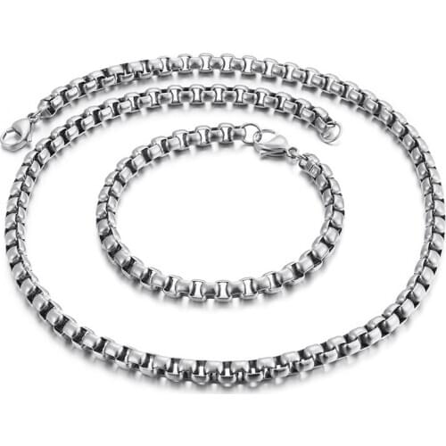 Size 3mm/ 4mm /5mm Stainless Steel Huge Square box rolo chain Necklace & Bracelet set for women boy mens jewelry set
