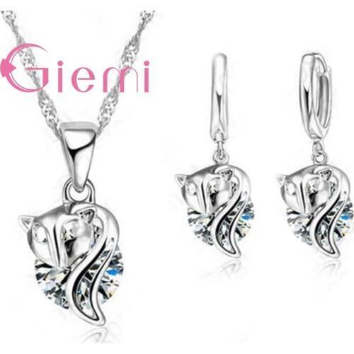 Cute Lady Girls Party Wedding Jewelry Gifts 925 Sterling Silver Cubic Zircon Fox Pendant Animal Jewelry Sets