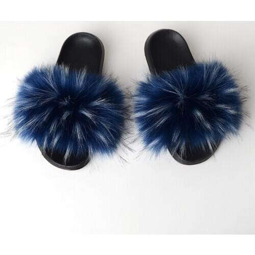 Fashion Real Raccoon Fur Slides Slippers Summer Flip Flops Casual Vogue Fox Fur Sandals Vogue Plush Shoes