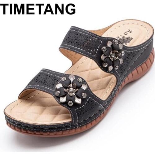 TIMETANG Summer Women Slippers Retro Casual Shoes Rhinestone Flowers Wedges Beach Slides Ladies Sandals Flip Flops Zapatos De Mu