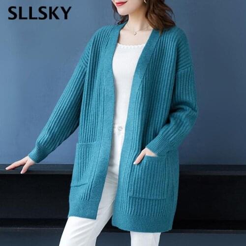 Sllsky Women Solid Long Sweater Cardigans Casual Fashion V-neck Pockets Knitted Coat Plus size Loose Female Autumn Sweater