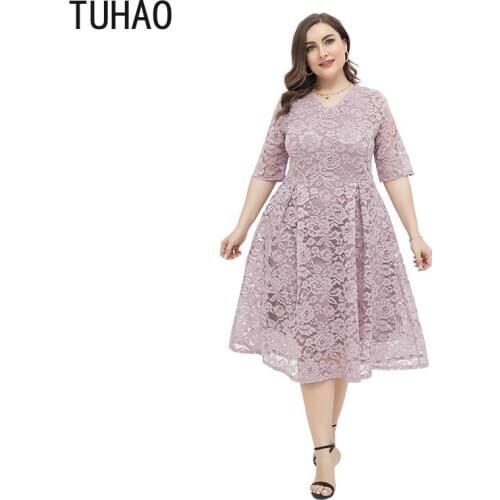 TUHAO 4XL 3XL Large Size Women Light Dress 2020 Spring Summer Elegant Swing Lace Dresses Plus Size Mother Elegant Dress WM87