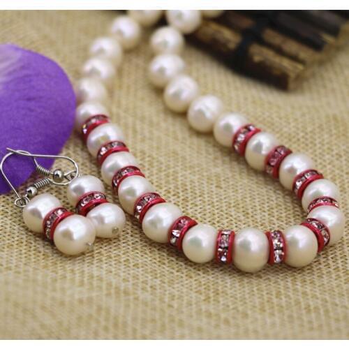 Unique design 9-10mm natural white freshwater cultured pearl beads necklace earrings for women elegant jewelry set 18inch B3105
