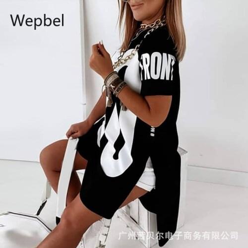 WEPBEL Fashion Women Long Tshirts Lotus Root Pink Printed Letter T-shirt Dress Loose Solid Color Short Sleeve Tops Casual Tees