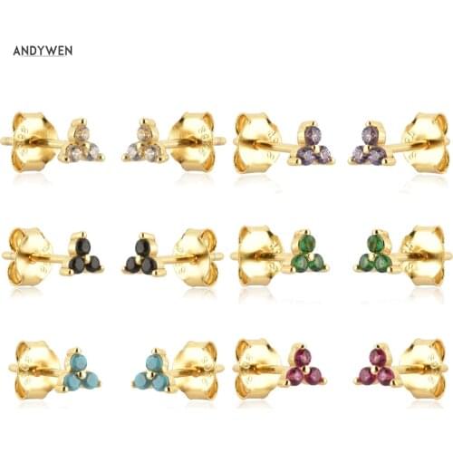 ANDYWEN 925 Sterling Silver Gold Three Zircon Clear Colorful Stud Earring Piercing Pendiente Luxury Jewelry Rock Punk Jewelry