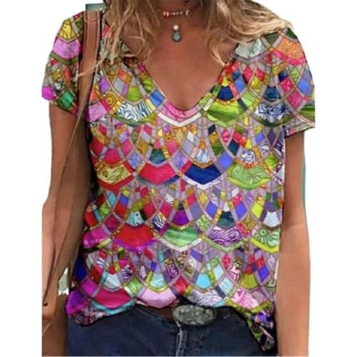 New 2021 Summer Oversized Tops Women Element Print T Shirt Streetwear Casual Short Sleeve V-Neck Lady Tee Top Plus Size 4XL 5XL