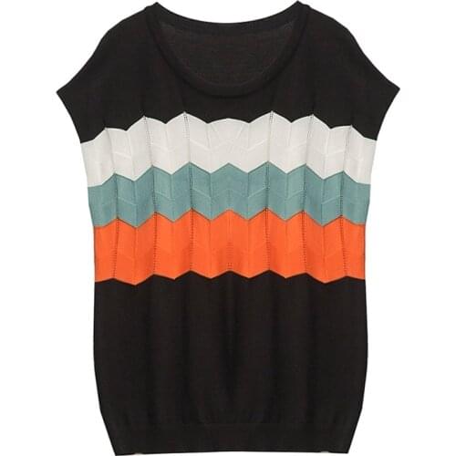 M-4XL plus size women Summer thin kintting T-shirt 2021 short sleeve o neck Stripe Patchwork casual sweaters pullover