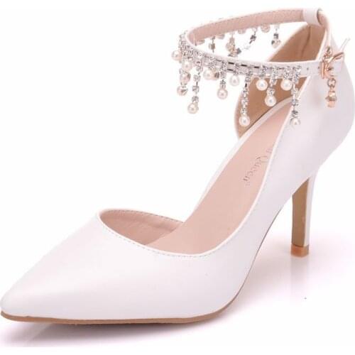 Women sandals wedding Party banquet PU Rhinestones Buckle Strap 7.8CM Thin High Heels Pointed Toe sandal women shoes size 35-42