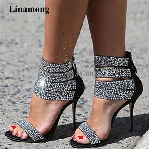 Ladies New Fashion Bling Bling Gold Silver Rhinestone One Strap Gladiator Sandals Ankle Wrap Crystal High Heel Sandals
