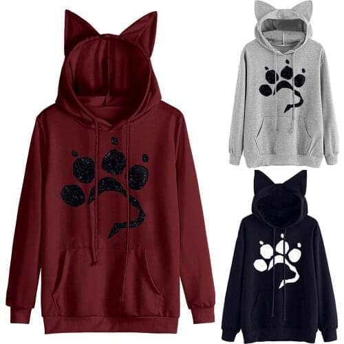 Womens Casual Thin Fleece Hoodie Cute Tracksuits Tops Drawstring Hooded Sweatshirt Long Sleeve Cat Ear Pullover Blouse sudadera