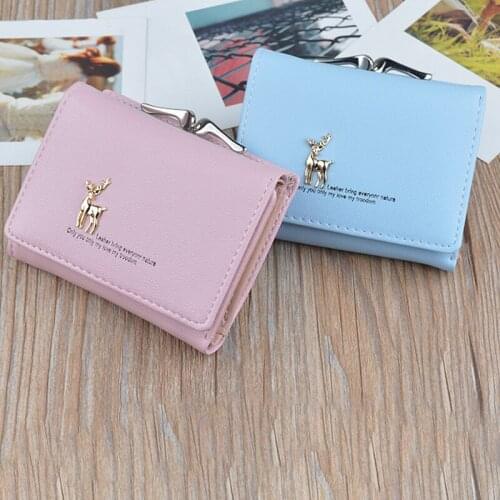 Cute Deer Women Mini Wallet Short Leather Wallet Girl Folding Wallets Clutch Pu Card Holder Ladies Purses Retro Portfel Damski