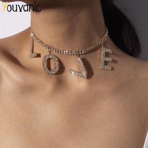Youvanic Luxury CZ Crystal Love Letter Choker Necklace For Women Statement Tennis Chain Rhinestone Wedding Jewelry Collar 2609