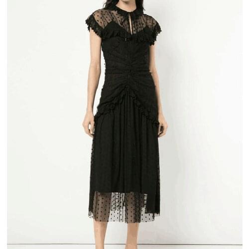 2021 HIGH QUALITY Newest Baroque Designer Dress Womens Elegant Sleeveless Black Dot Mesh Patchwork Lace Drape Dress
