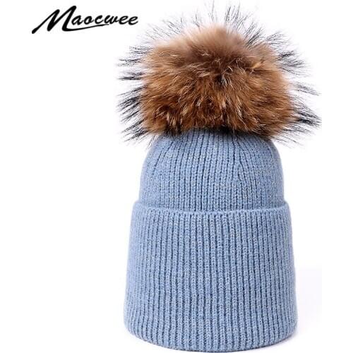 Winter Women Pom Pom Beanies Hat Warm Knitted Bobble Girl Real Fur Pompom Hats Female Trendy Casual Bonnet Hat Outdoor Ski Cap