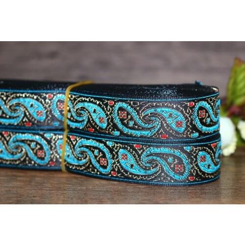 10yards/lots Woven Jacquard Ribbon 2.4cm black background blue paisley pattern LS-3559