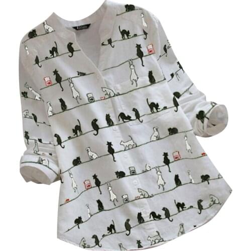 2021 Fashion Women Blouses Casual Cat Print Long Sleeve V-neck Button Loose Shirt Top Loose Korean Plus Size Female Long Blouse