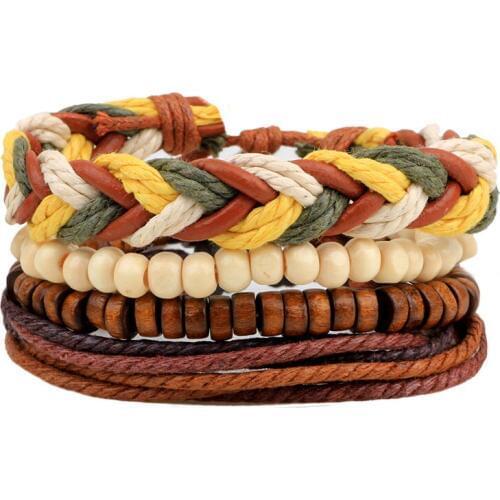 4PCS Handmade Colorful String Rope Men Bracelets Woven Rope Leather Bracelets Bangles for Women Multilayer Wood Bead Jewelry