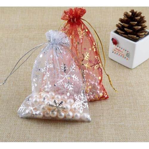 50pcs 7x9 10x14 13x18cm Jewelry Bag Wedding Gift Snow Flower Organza bag Drawable Jewelry Packaging Display Christmas Gift Bags