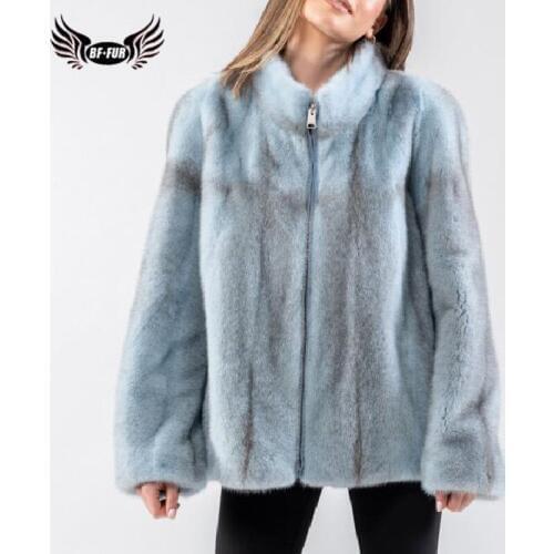 BFFUR Fashion Blue Natural Fur Coats For Women 2021 New Trendy Whole Skin Genuine Mink Fur Jackets Stand Collar Luxury Fur Coats