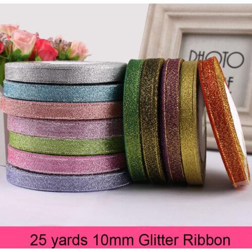 25 yards 10mm Glitter Ribbon Christmas Party Wedding Decoration Gift Wrapping Packaging Ribbons DIY Crafts Handmade Bow Fabric