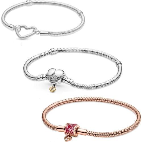 Moments Heart Clasp Snake Chain Bracelet 100% 925 Sterling Silver Sparkling Freehand Heart Bracelet Fit Charms Diy Jewelry